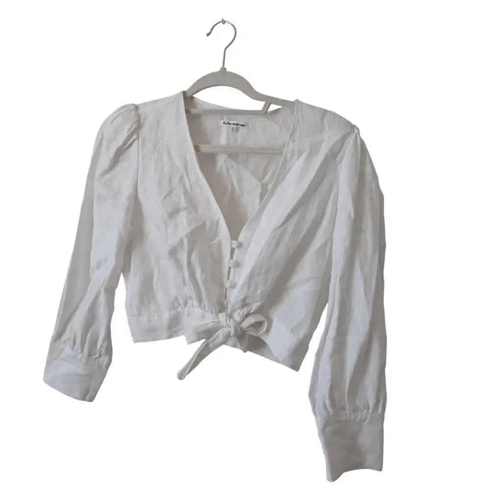 Reformation Linen Puff Sleeve‎ Crop Top White Size 8 Minimalist Luxury Capsule